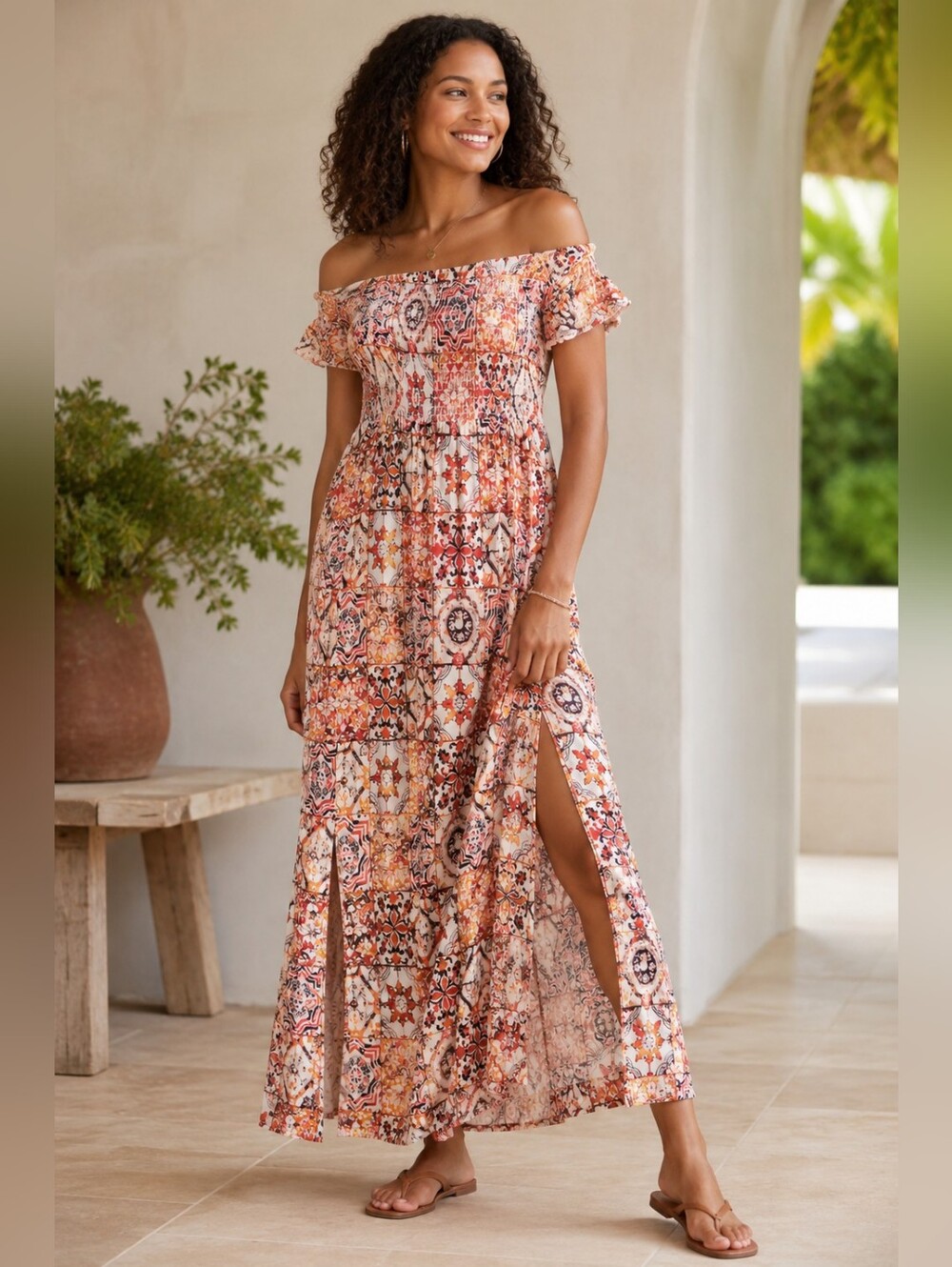 Soft Surroundings Maxi Dress Medium | Smocked Off-Shoulder Boho Resort Dress
